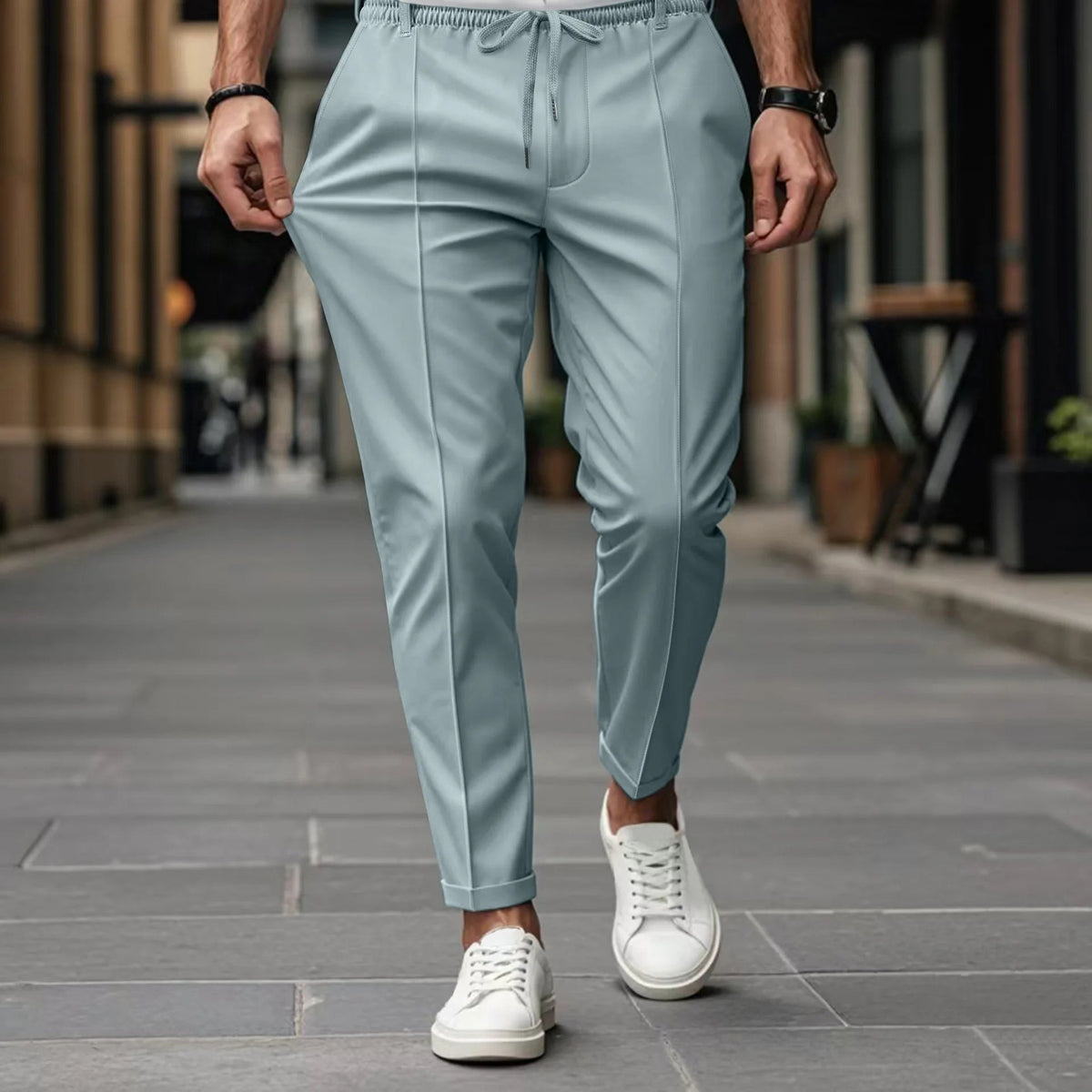Heren Pantalon Slim Fit met Geperste Voornaad en Elastische Koordtaille