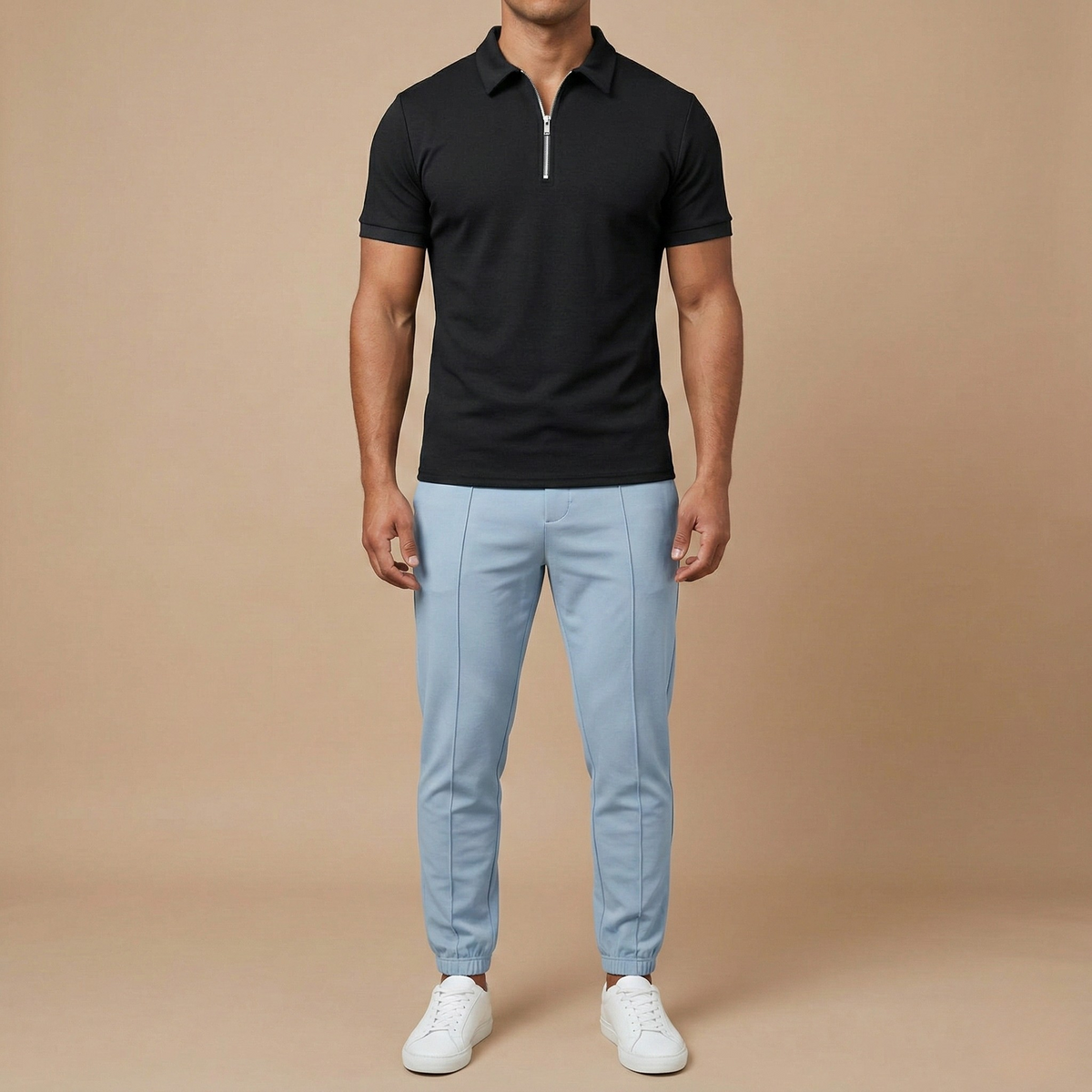 Heren Polo Korte Mouw met Rits en Slim Fit Kraag Zwart