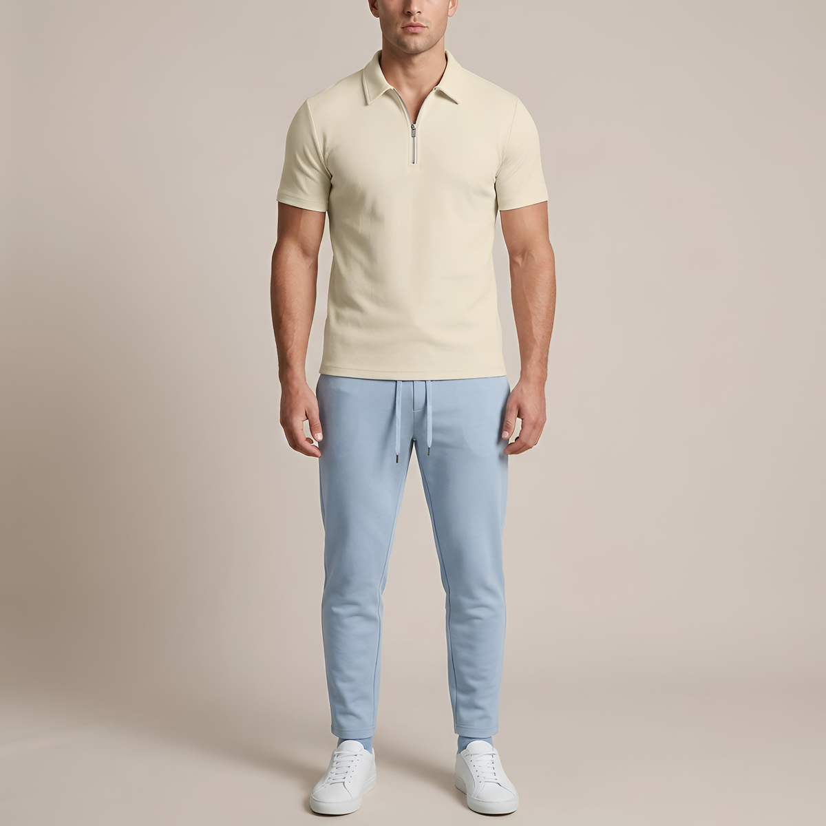 Heren Polo Korte Mouw met Rits en Slim Fit Kraag Beige