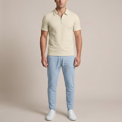 Heren Polo Korte Mouw met Rits en Slim Fit Kraag Beige