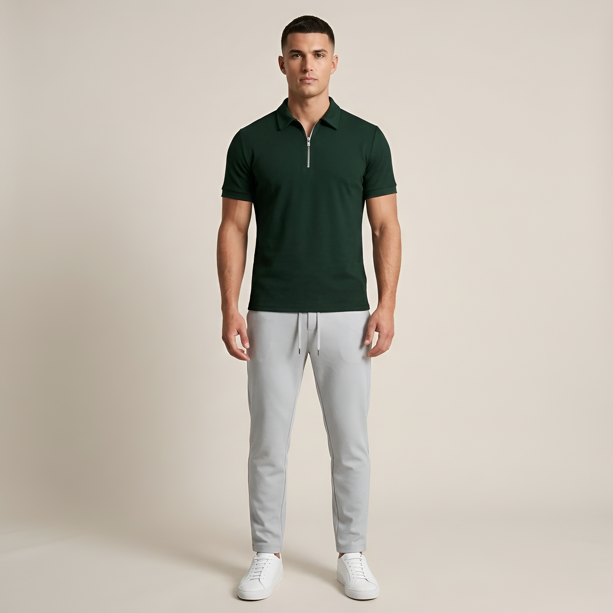 Heren Polo Korte Mouw met Rits en Slim Fit Kraag Groen