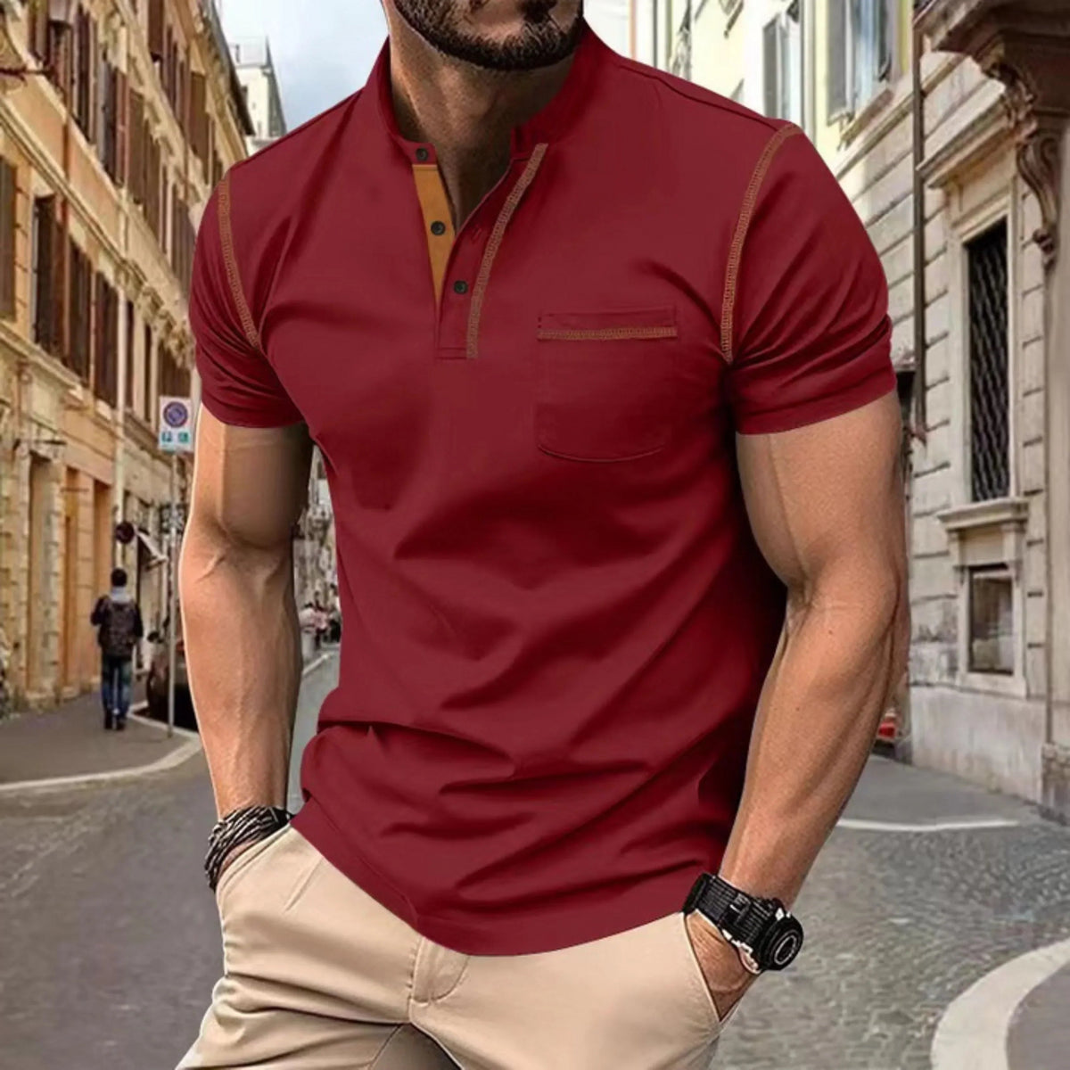 Heren polo Korte Mouw met Staande Kraag en Contrastdetails Rood