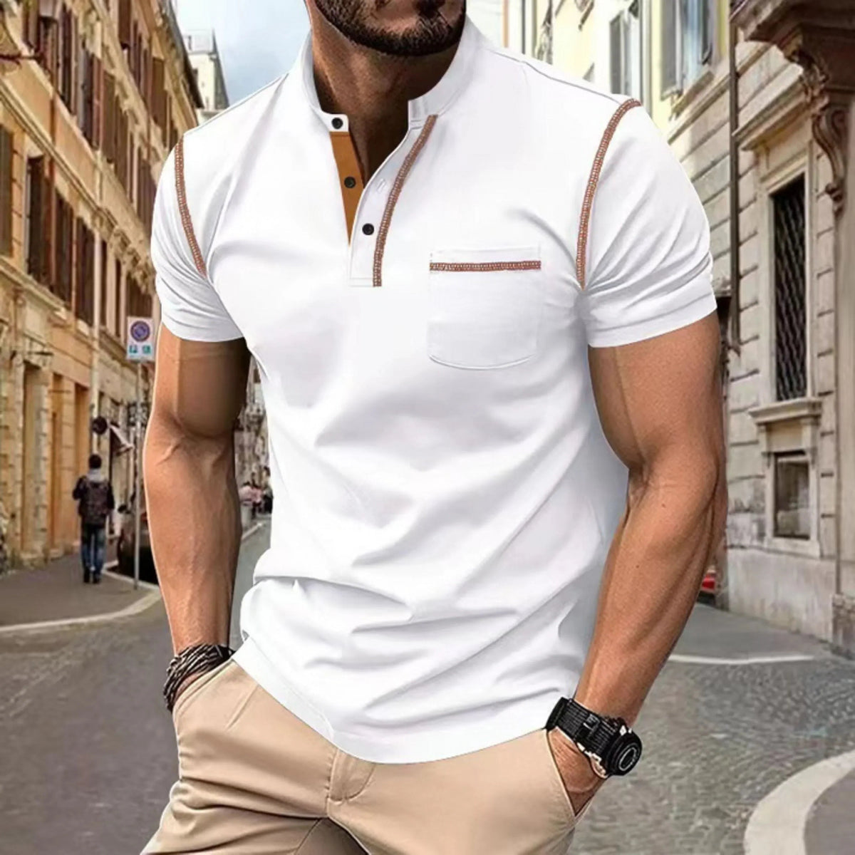 Heren polo Korte Mouw met Staande Kraag en Contrastdetails Wit