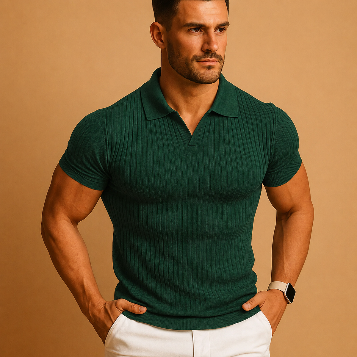 Heren Polo met Korte Mouw, Open V-hals en Slim Fit Groen