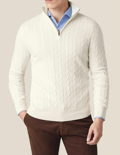 Heren Pullover Trui Gebreid met Ritskraag en Kabelpatroon Wit
