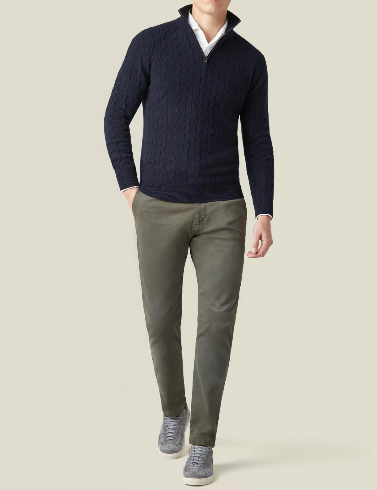 Heren Pullover Trui Gebreid met Ritskraag en Kabelpatroon