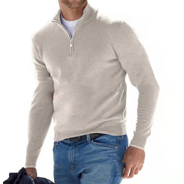 Heren Pullover Trui met V-hals en Halve Rits Beige
