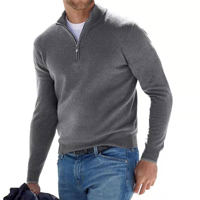 Heren Pullover Trui met V-hals en Halve Rits Grijs