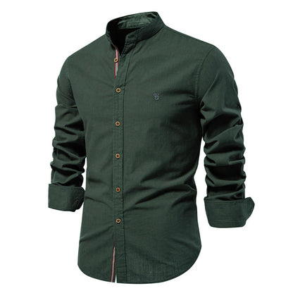 Heren Shirt Lange Mouw met Opstaande Kraag en Knoopsluiting Legergroen