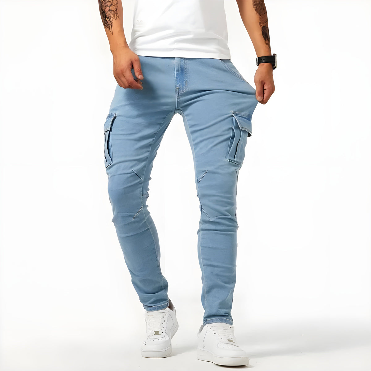 Heren Slim Cargo Jeans met Zijzakken Lichtblauw