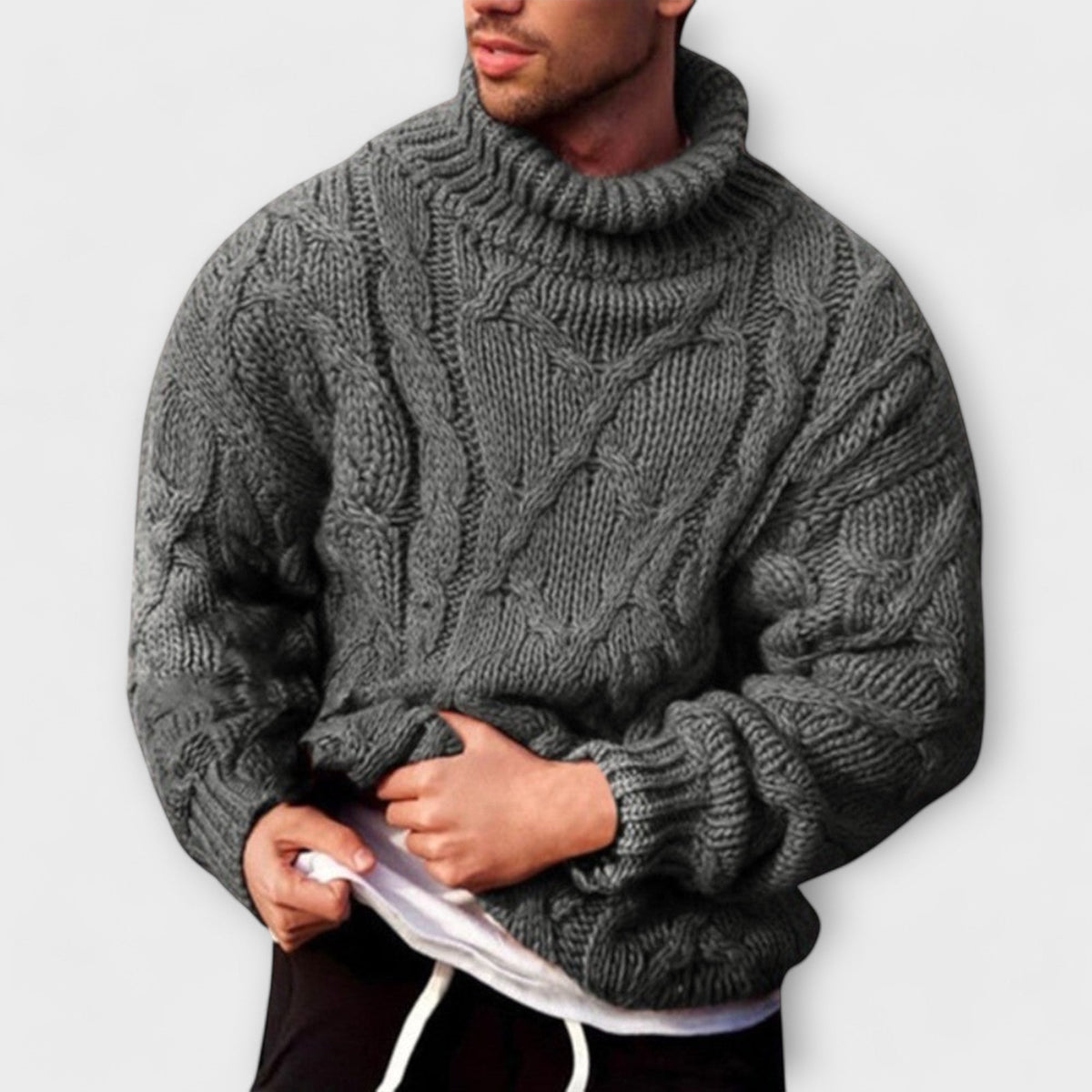 Heren Sweater met Coltrui en Cable-knit Patroon Oversized