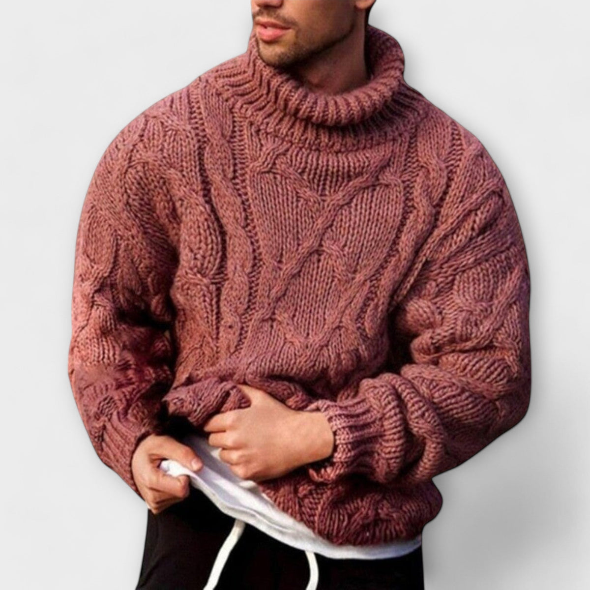 Heren Sweater met Coltrui en Cable-knit Patroon Oversized