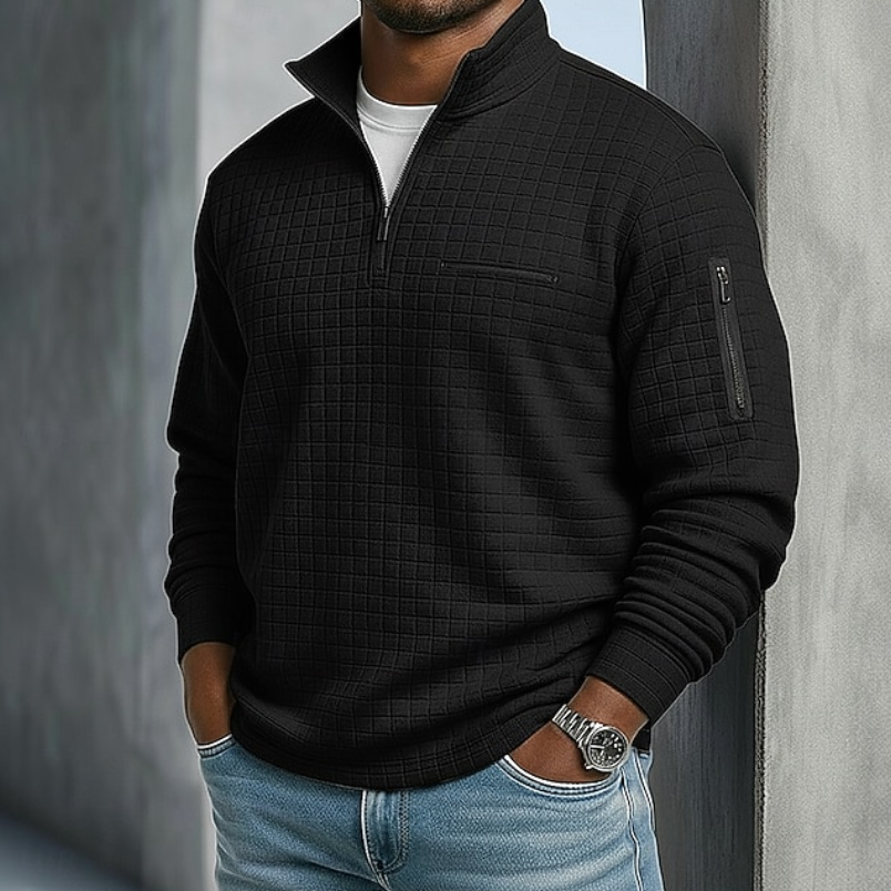 Heren Sweater met Staande Kraag en Halve Rits en Structuurpatroon