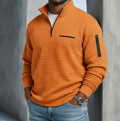 Heren Sweater met Staande Kraag en Halve Rits en Structuurpatroon