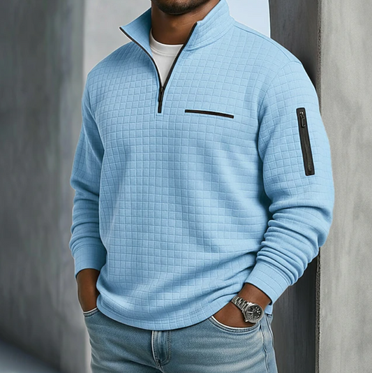 Heren Sweater met Staande Kraag en Halve Rits en Structuurpatroon