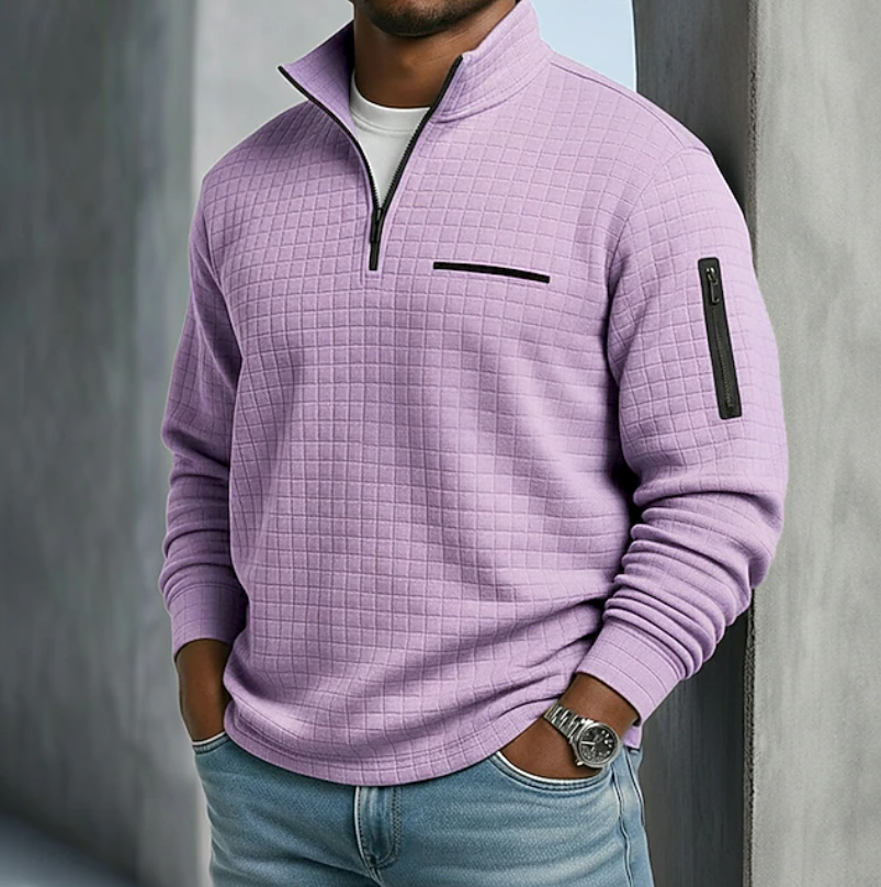 Heren Sweater met Staande Kraag en Halve Rits en Structuurpatroon