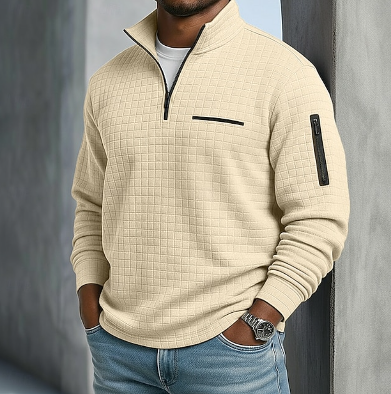 Heren Sweater met Staande Kraag en Halve Rits en Structuurpatroon