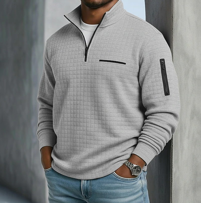 Heren Sweater met Staande Kraag en Halve Rits en Structuurpatroon