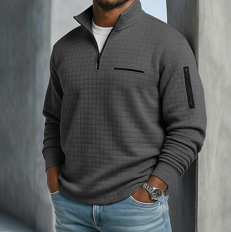 Heren Sweater met Staande Kraag en Halve Rits en Structuurpatroon