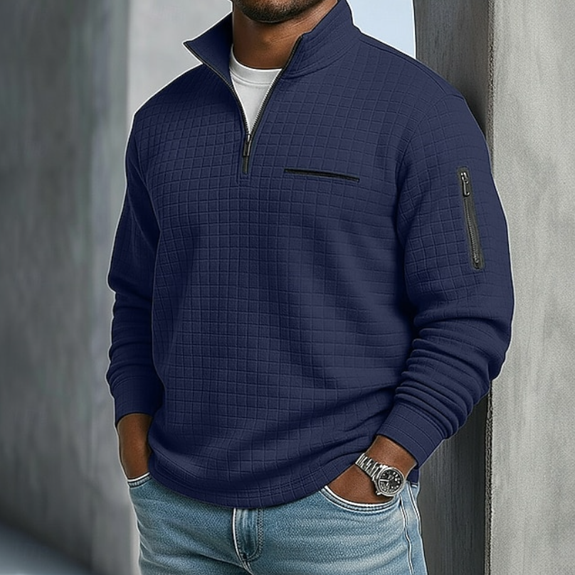 Heren Sweater met Staande Kraag en Halve Rits en Structuurpatroon