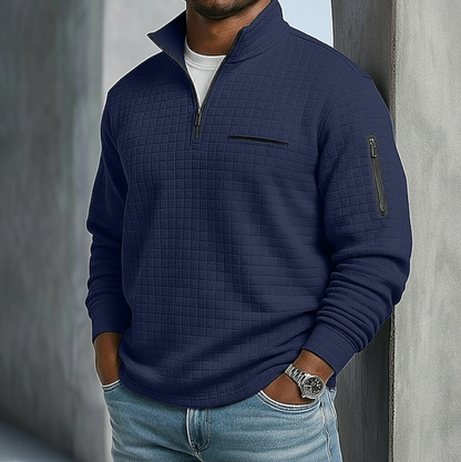 Heren Sweater met Staande Kraag en Halve Rits en Structuurpatroon
