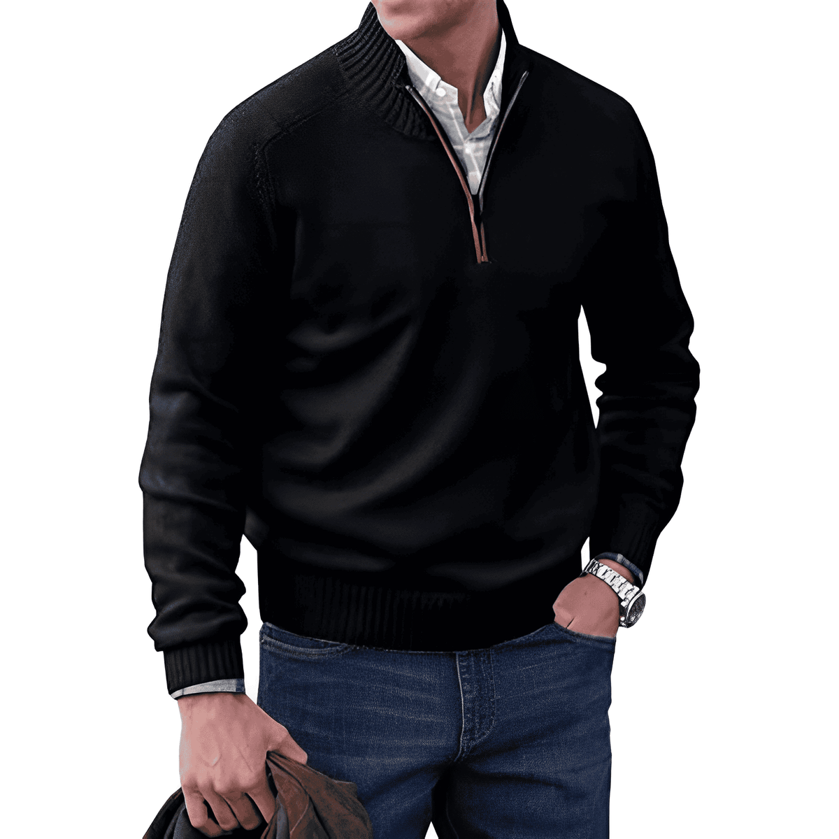Heren Trui met Halve Rits Casual Pullover Zwart