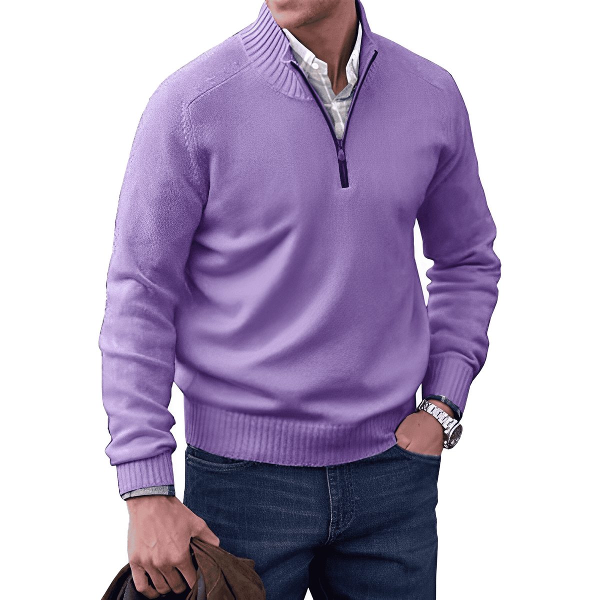 Heren Trui met Halve Rits Casual Pullover Paars