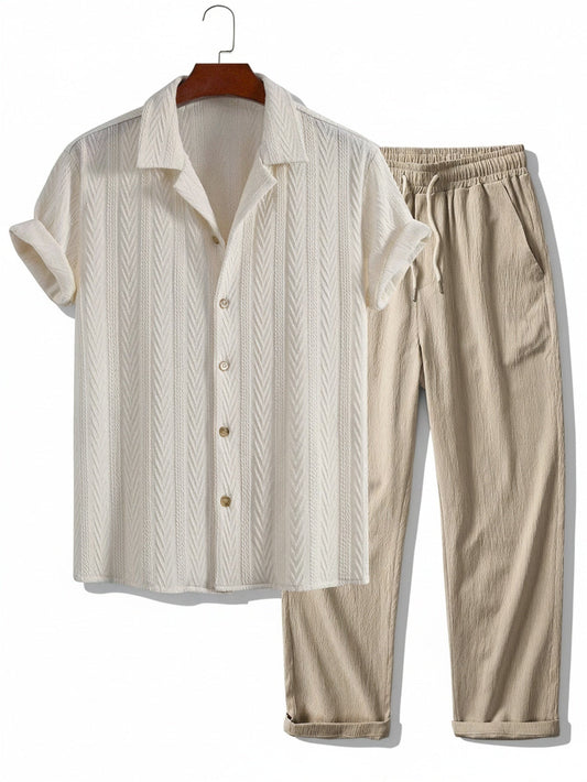 Heren Tweedelige Zomerset met Overhemd en Trekkoordbroek Wit Beige