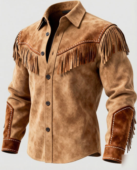 Heren Western Shirt met Fransen en Bloemenstiksel Lange Mouw