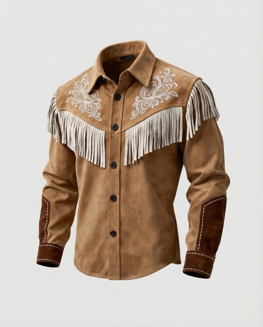Heren Western Shirt met Fransen en Bloemenstiksel Lange Mouw