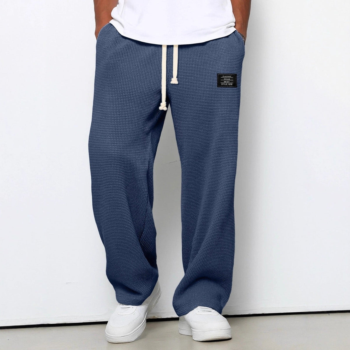 Heren Wijde Broek met Wafelstructuur en Trekkoord Blauw