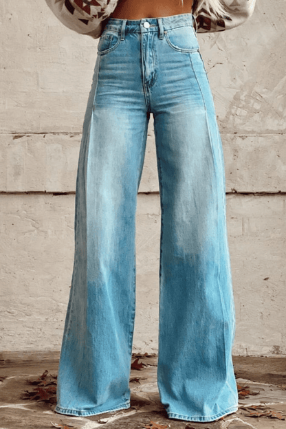 Lange Damesbroek Hoge Taille met Brede Broekspijpen en Elastische Tailleband Blauw